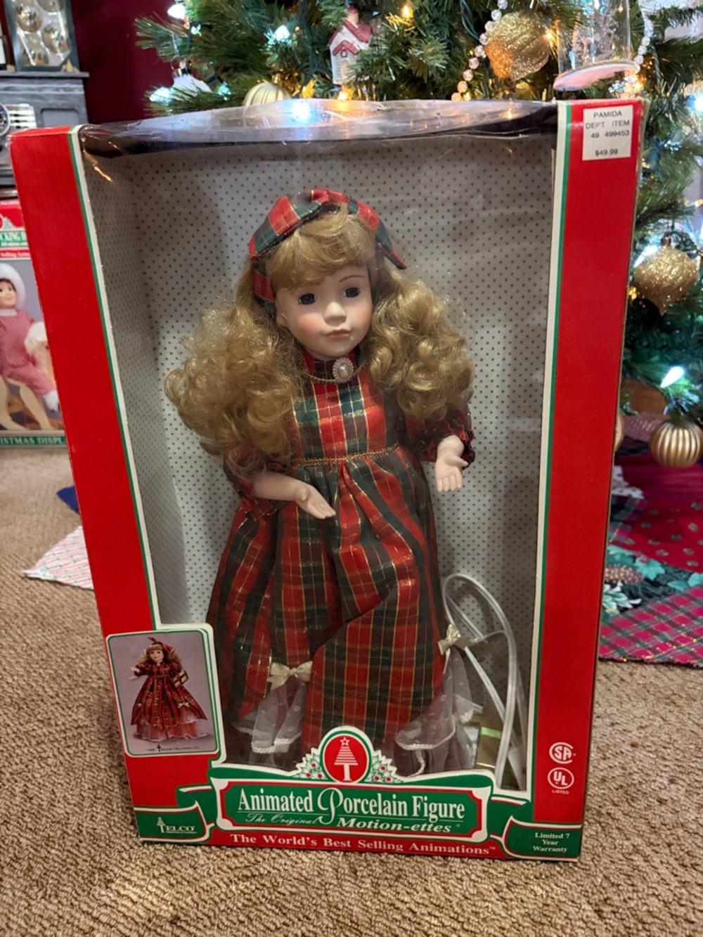 Animated Porcelain Figure Doll in Red & Green Plaid Holiday Dress